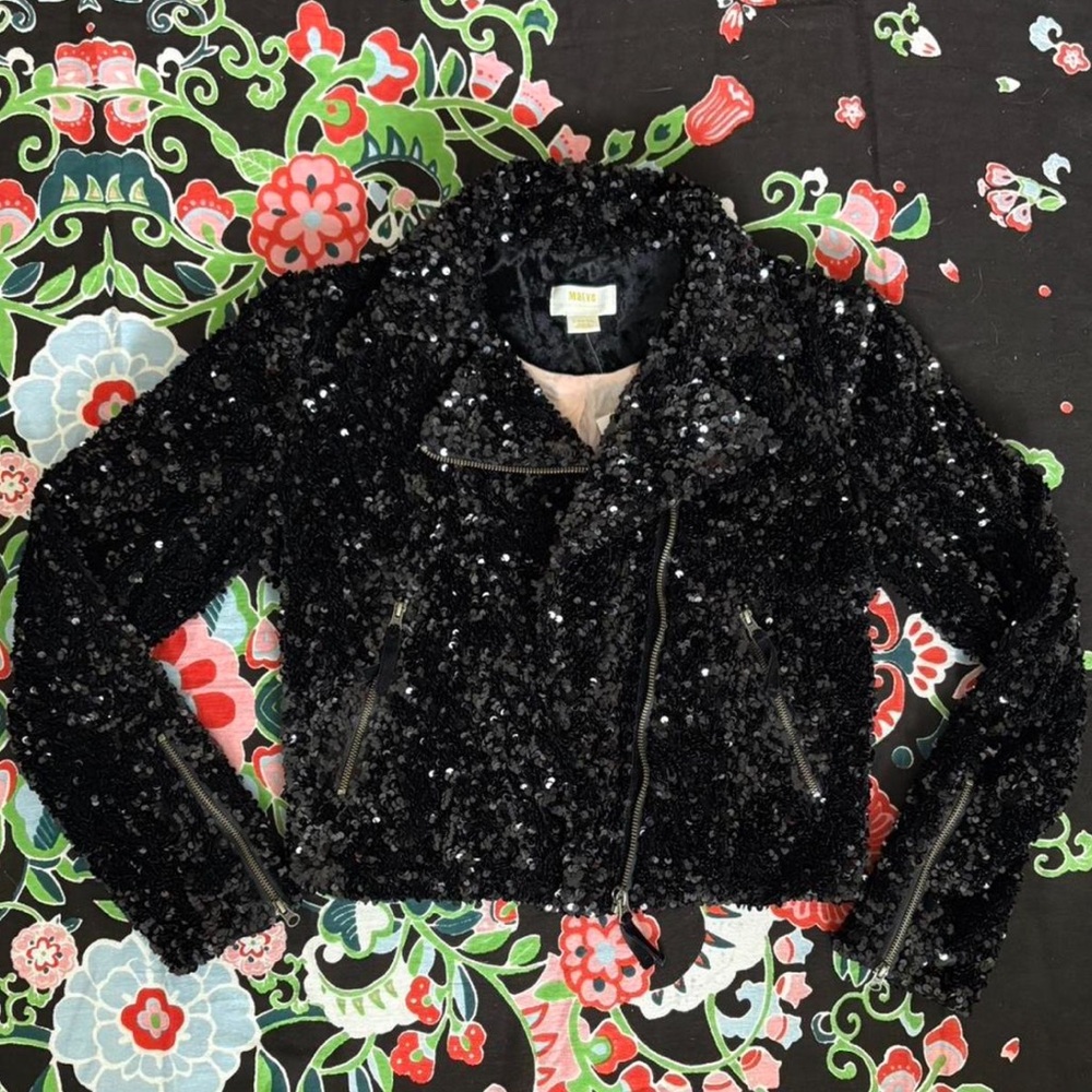 Anthropologie Black Sequin Cropped Moto Jacket
